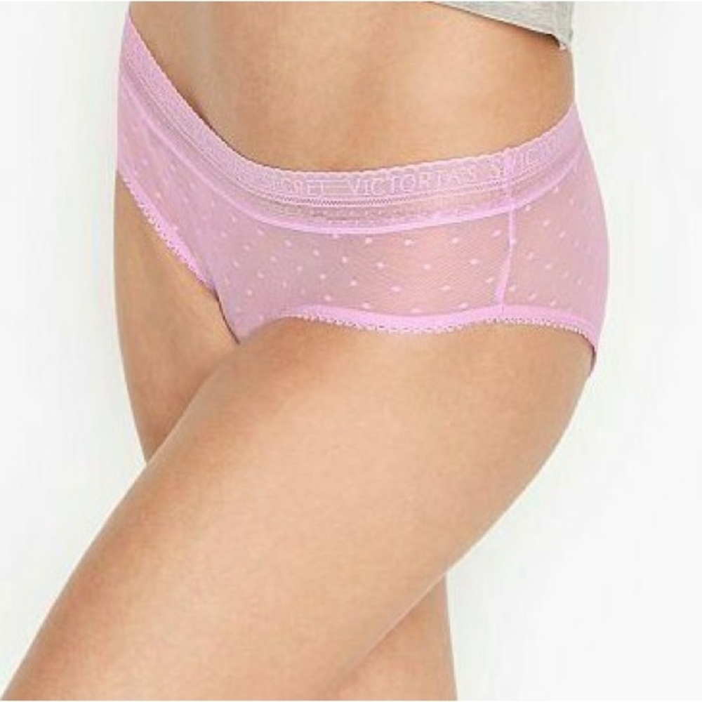 ‼️NWT‼️Victorias Secret Sheer Pink Polka Dot Logo Lace Hipster Panty Medium